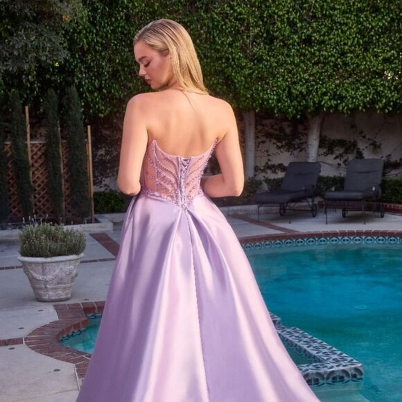 New Lavender Ceremonial Mikado Gown w/ Beaded Corset Bodice & Lace Up Back CD389 - Picture 10 of 14